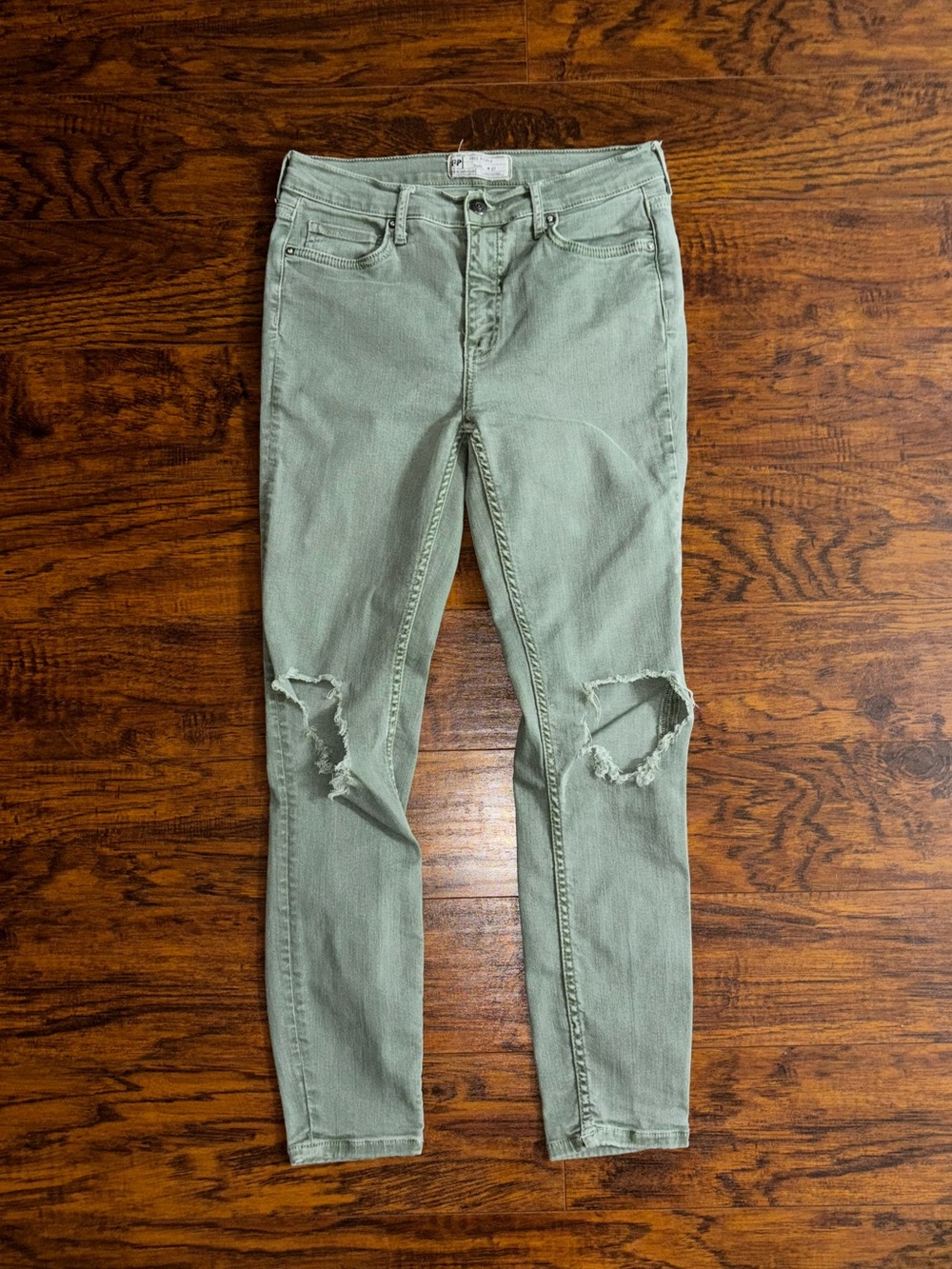 Free People Distressed Skinny Jeans Sage Green Ripped Knee Hole Denim Pants